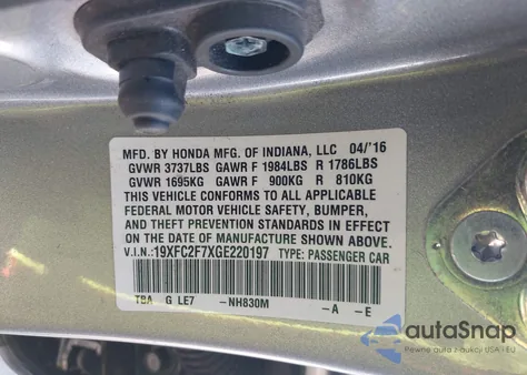 2016 Honda Civic Ex z USA, uszkodzony, nr VIN 19XFC2F7XGE220197